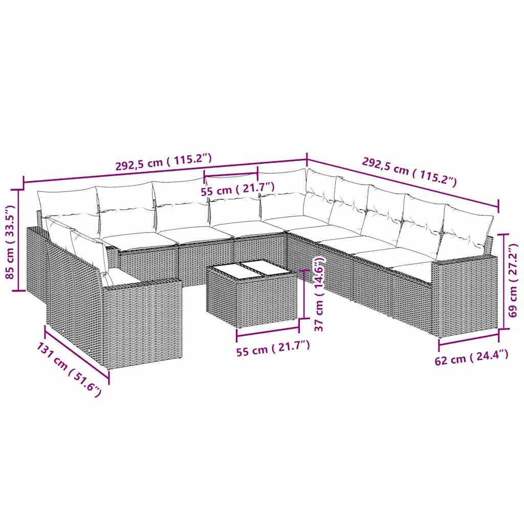 Set Divano Giardino 12 pz con Cuscini Grigio Chiaro Polyrattan - homemem39