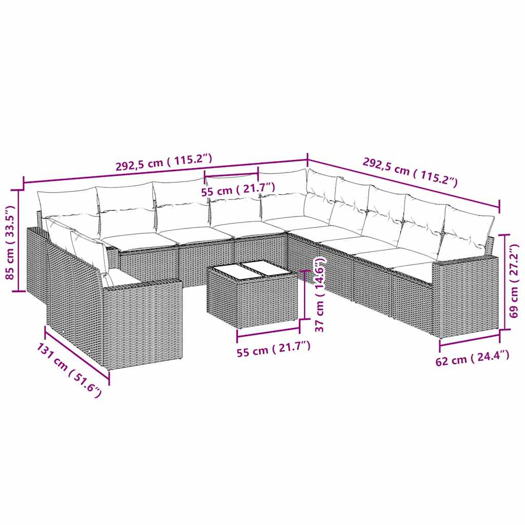 Set Divano Giardino 12 pz con Cuscini Grigio Chiaro Polyrattan | homemem39