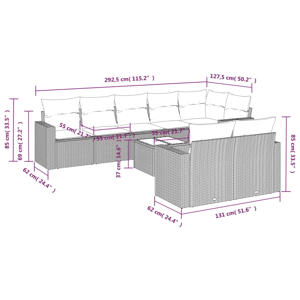 Set Divano da Giardino 9pz con Cuscini Grigio Chiaro Polyrattan | homemem39