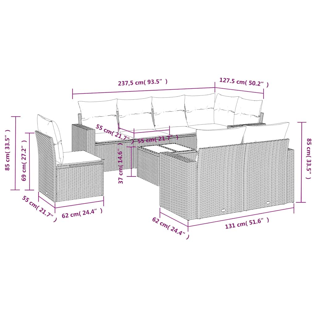 Set Divani da Giardino 9 pz con Cuscini Nero in Polyrattan | homemem39