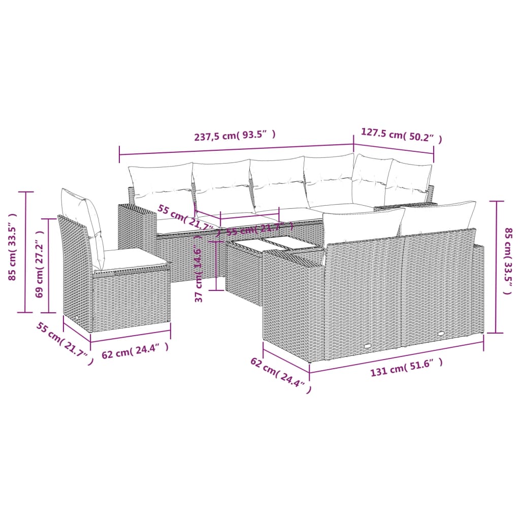 Set Divani da Giardino 9 pz con Cuscini Nero in Polyrattan | homemem39