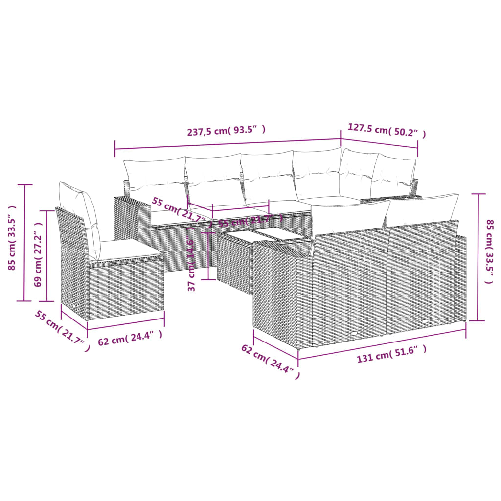 Set Divano da Giardino 9 pz con Cuscini Grigio in Polyrattan | homemem39