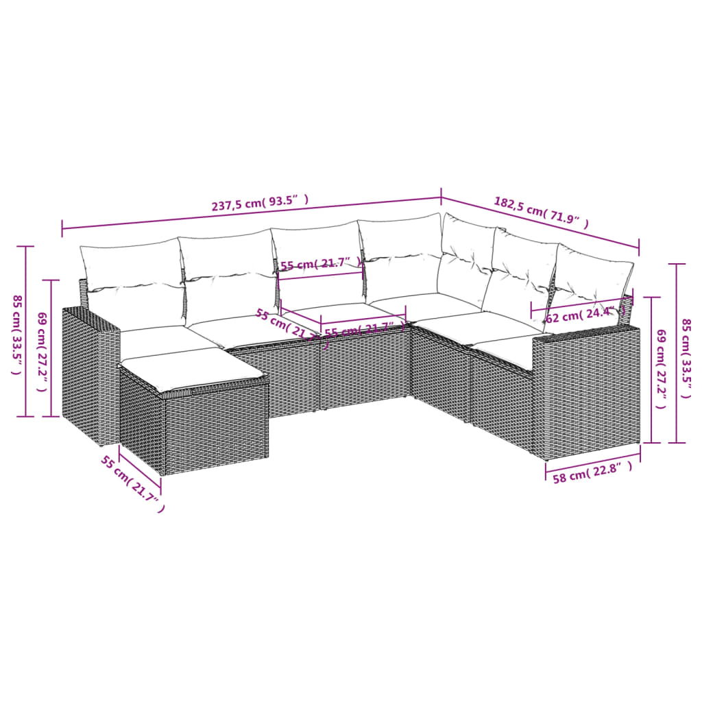 Set Divani da Giardino 7 pz con Cuscini Grigio in Polyrattan | homemem39
