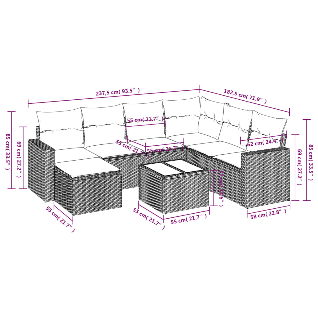 Set Divani da Giardino con Cuscini 8 pz Nero in Polyrattan | homemem39