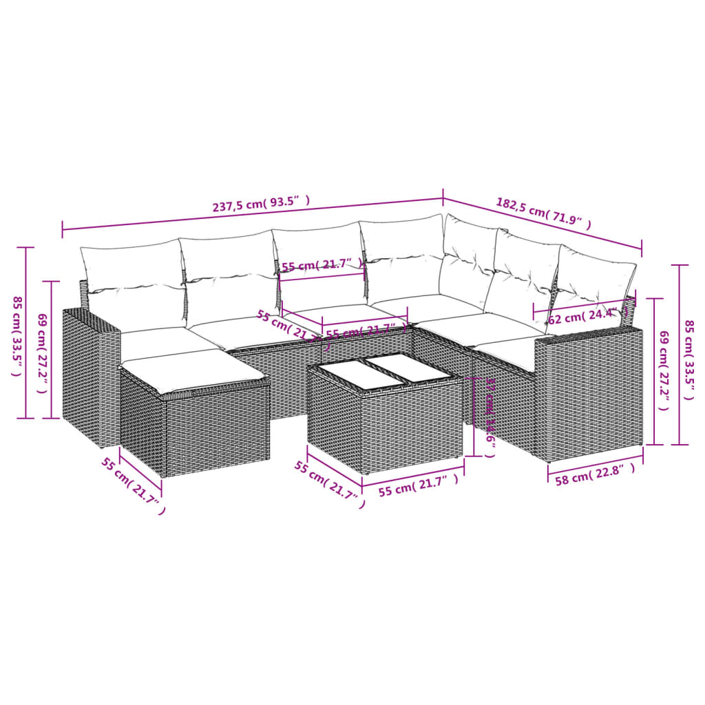 Set Divano da Giardino 8pz con Cuscini Grigio Chiaro Polyrattan | homemem39