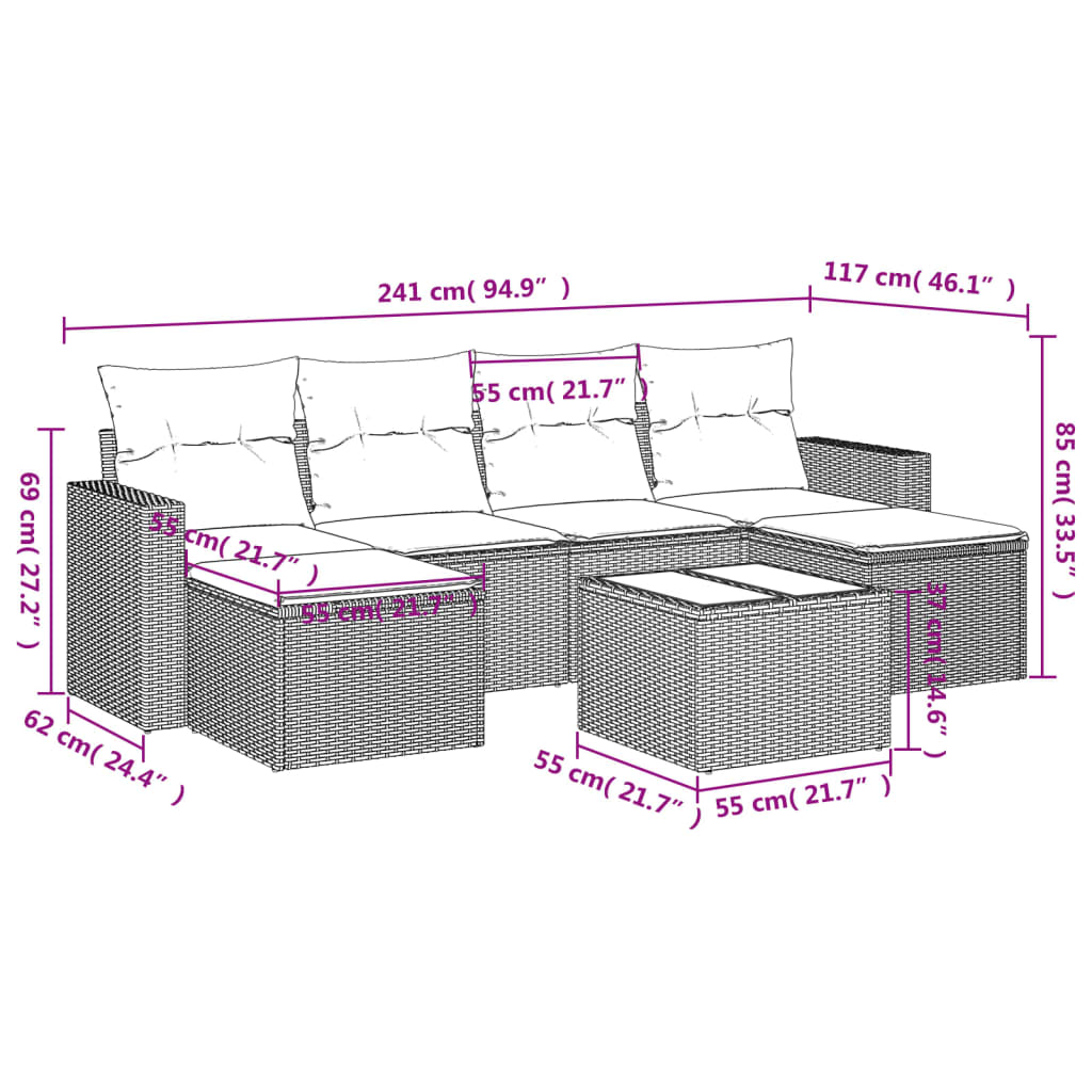 Set Divani da Giardino 7 pz con Cuscini Grigio in Polyrattan | homemem39