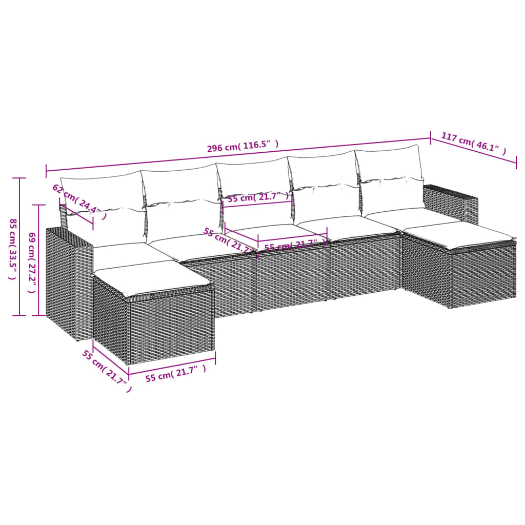 Set Divani da Giardino 7 pz con Cuscini Grigio in Polyrattan | homemem39