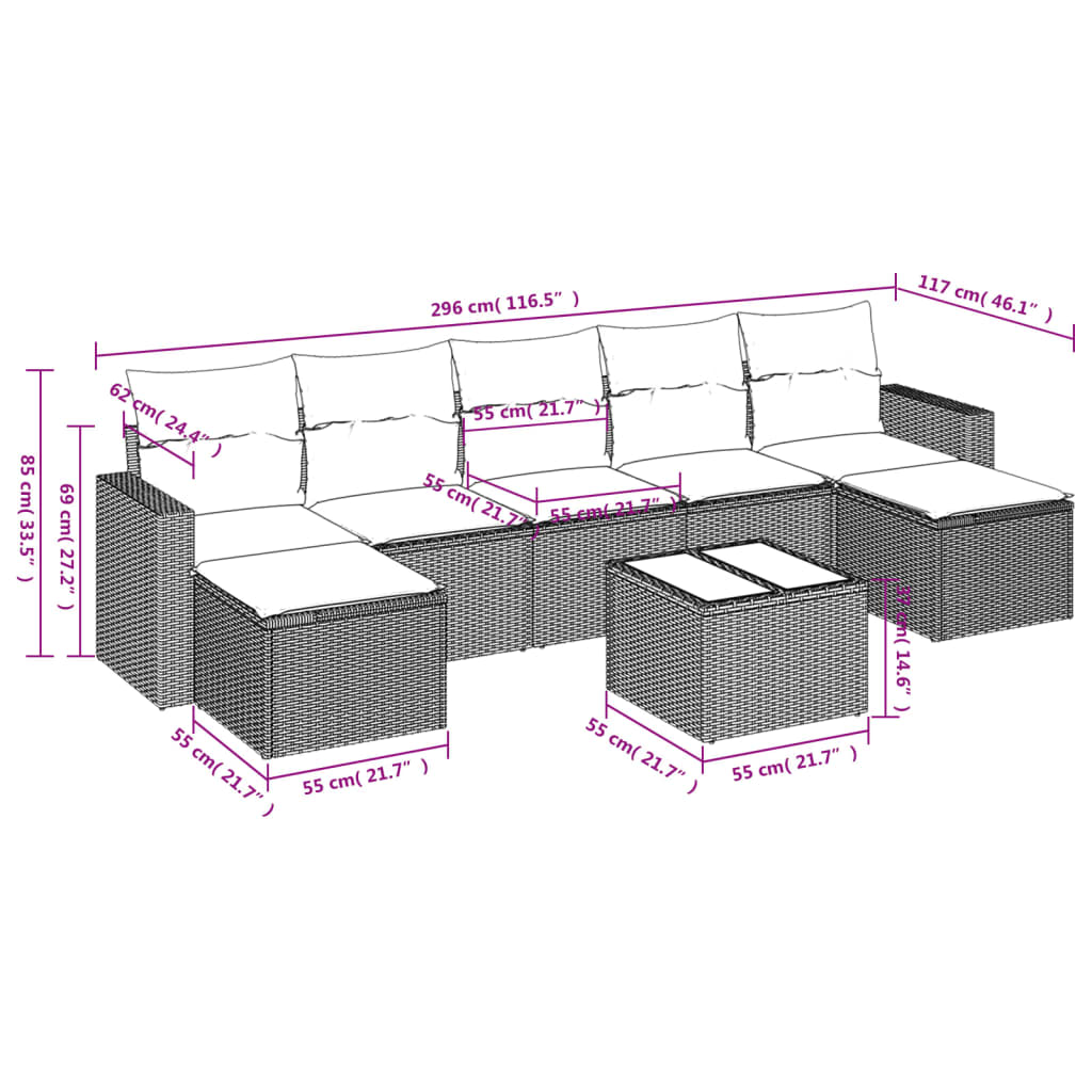 Set Divano da Giardino 8pz con Cuscini Grigio Chiaro Polyrattan