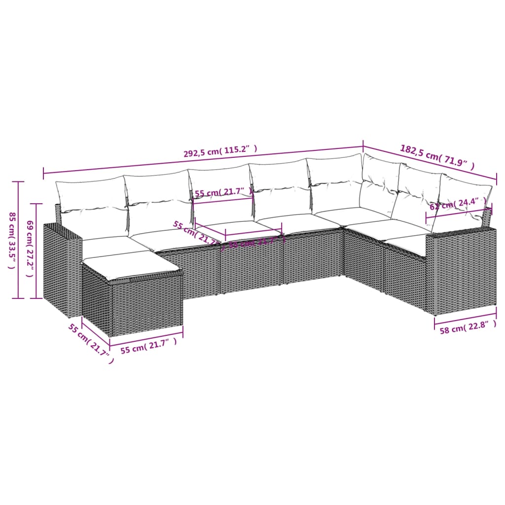 Set Divani da Giardino con Cuscini 8 pz Nero in Polyrattan | homemem39