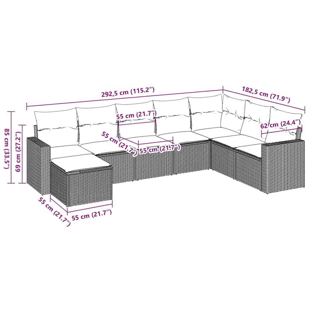 Set Divani da Giardino 8 pz con Cuscini Marrone in Polyrattan | homemem39