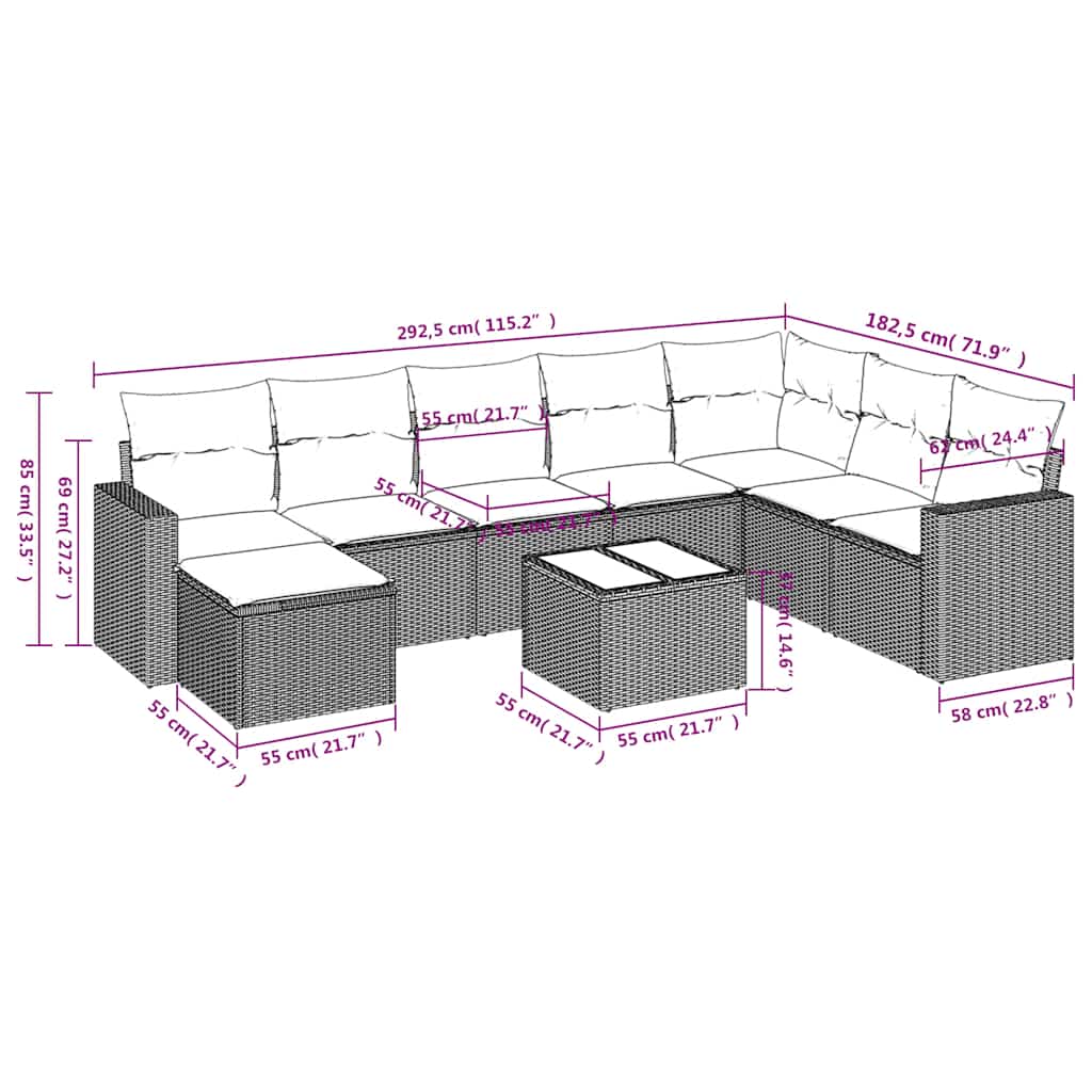Set Divani da Giardino 9 pz con Cuscini Nero in Polyrattan | homemem39