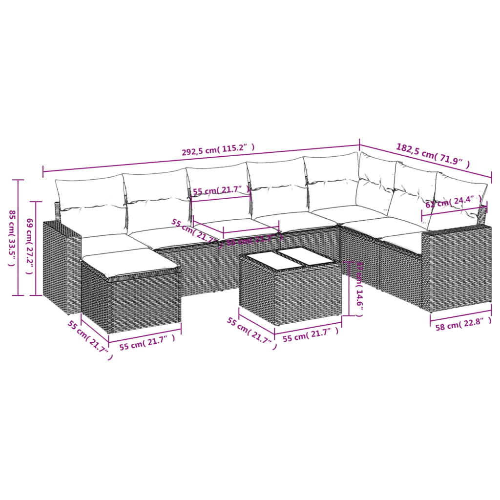 Set Divano da Giardino 9pz con Cuscini Grigio Chiaro Polyrattan | homemem39
