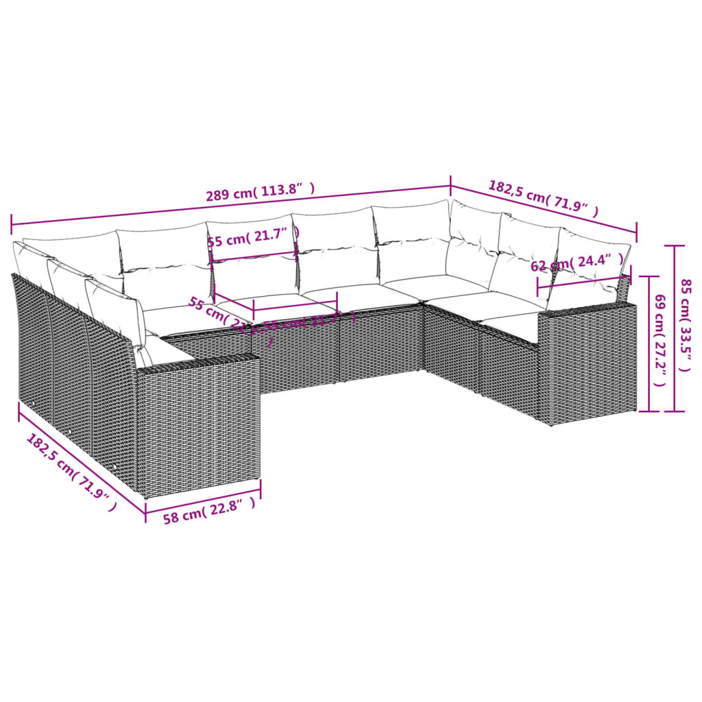 Set Divano da Giardino 9 pz con Cuscini Grigio in Polyrattan | homemem39