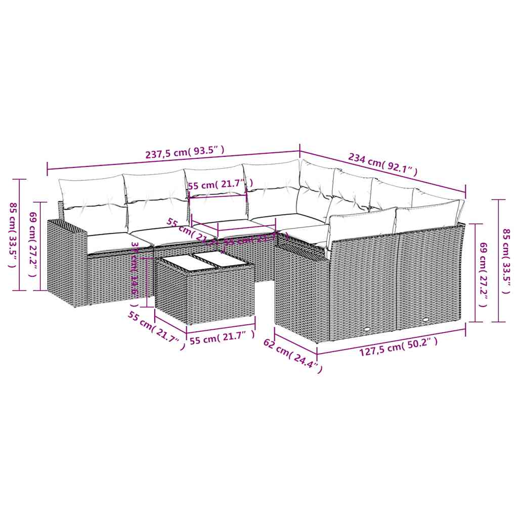 Set Divano da Giardino 9 pz con Cuscini Beige in Polyrattan | homemem39
