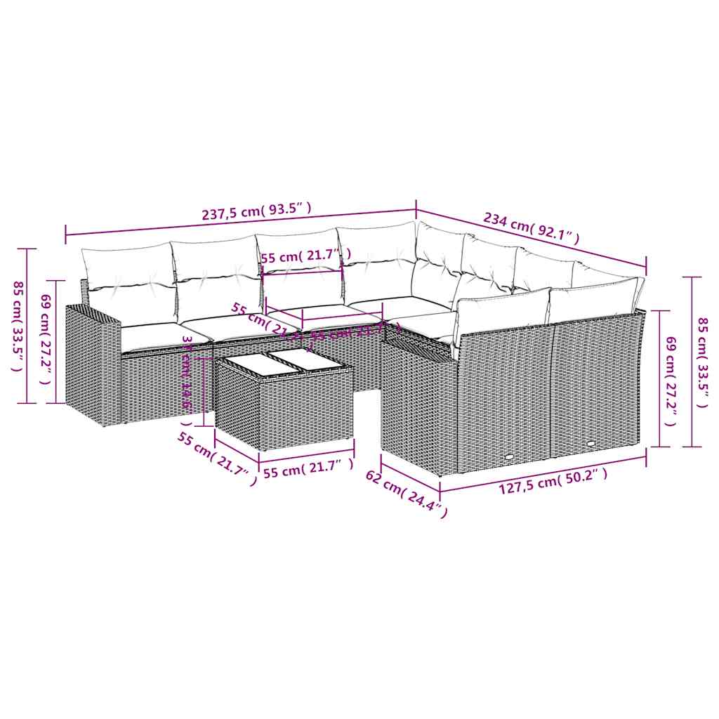 Set Divano da Giardino 9 pz con Cuscini Beige in Polyrattan | homemem39