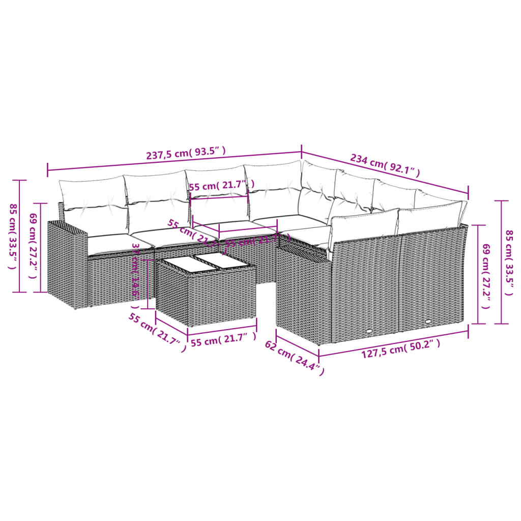 Set Divano da Giardino 9 pz con Cuscini Grigio in Polyrattan | homemem39