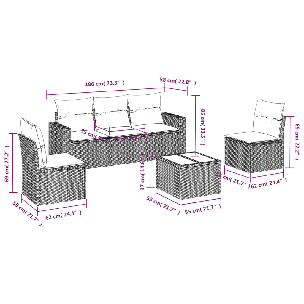 Set Divano da Giardino 6 pz con Cuscini Beige in Polyrattan | homemem39