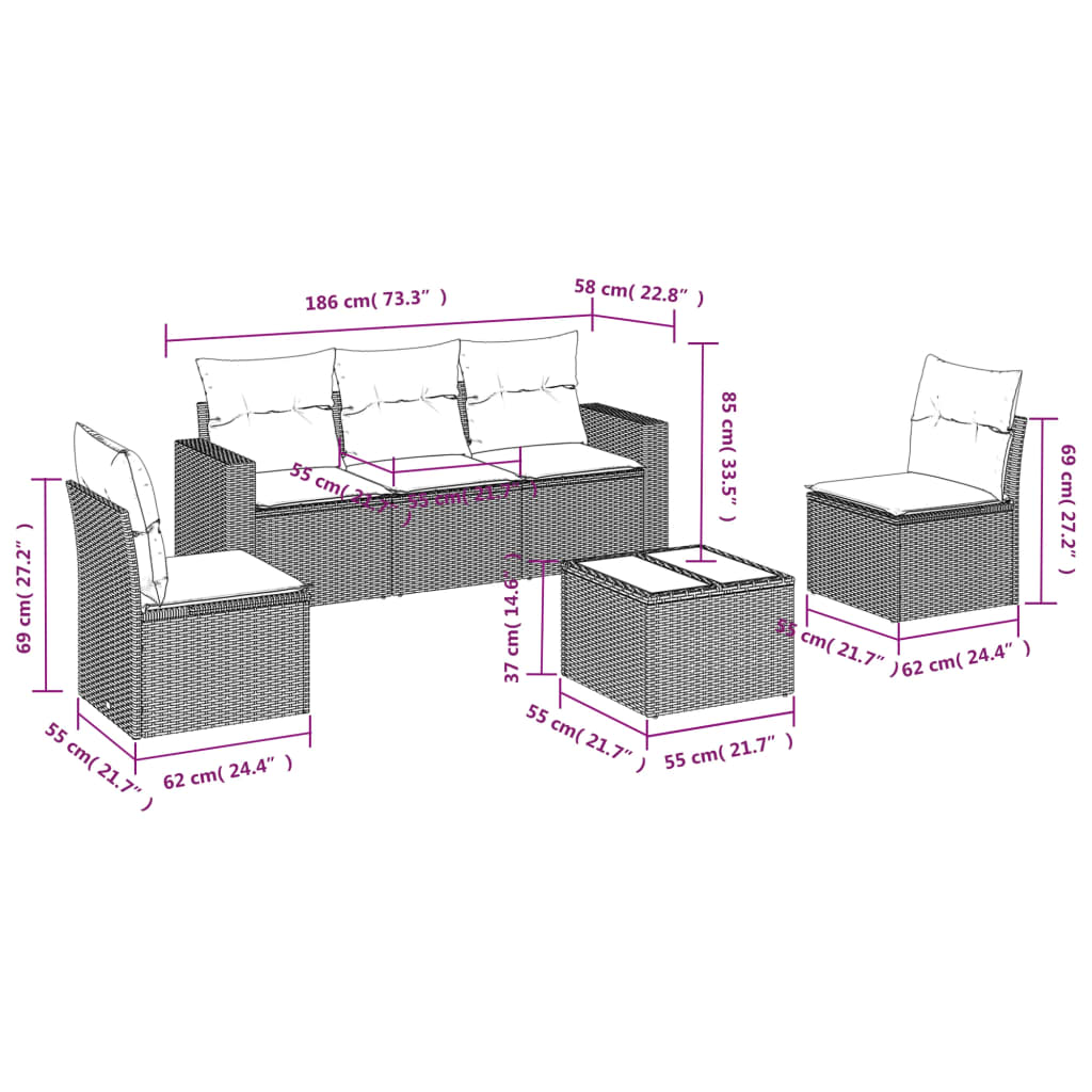 Set Divano da Giardino 6 pz con Cuscini Marrone in Polyrattan | homemem39