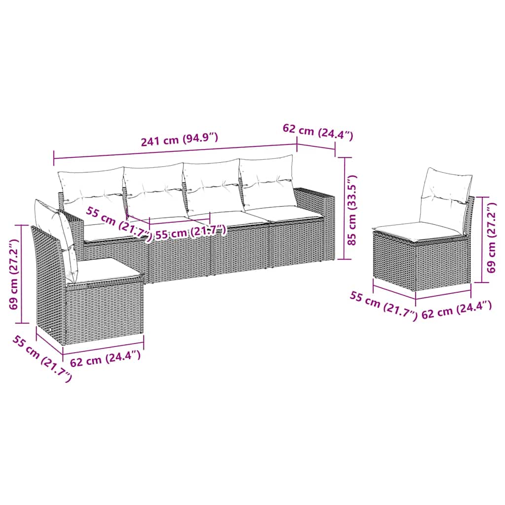 Set Divani da Giardino 6 pz con Cuscini Marrone in Polyrattan | homemem39
