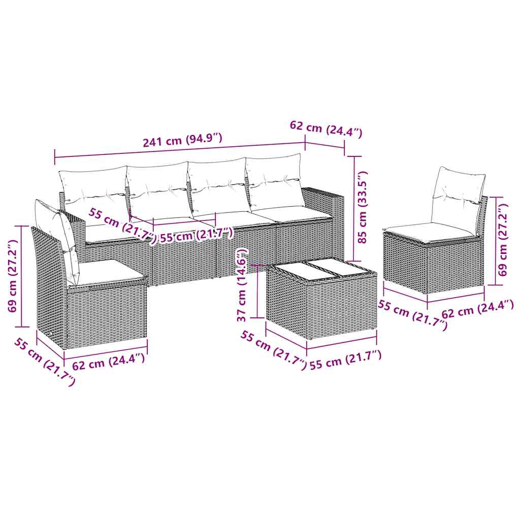 Set Divani da Giardino con Cuscini 7pz Nero Polyrattan