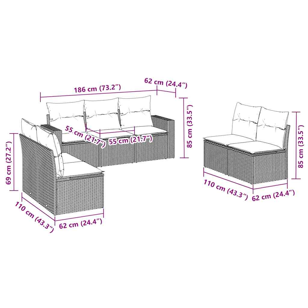 Set Divani da Giardino 7 pz con Cuscini Marrone in Polyrattan