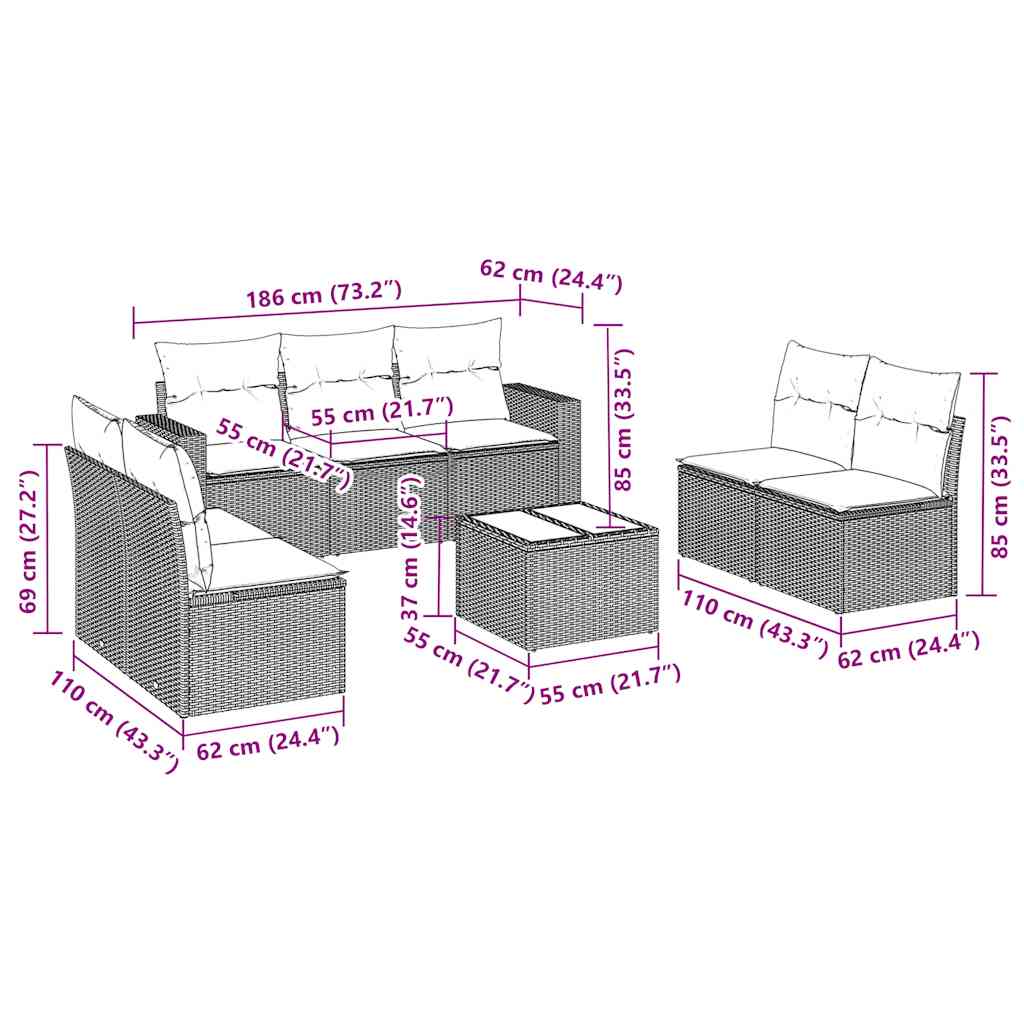 Set Divani da Giardino con Cuscini 8 pz Nero in Polyrattan | homemem39