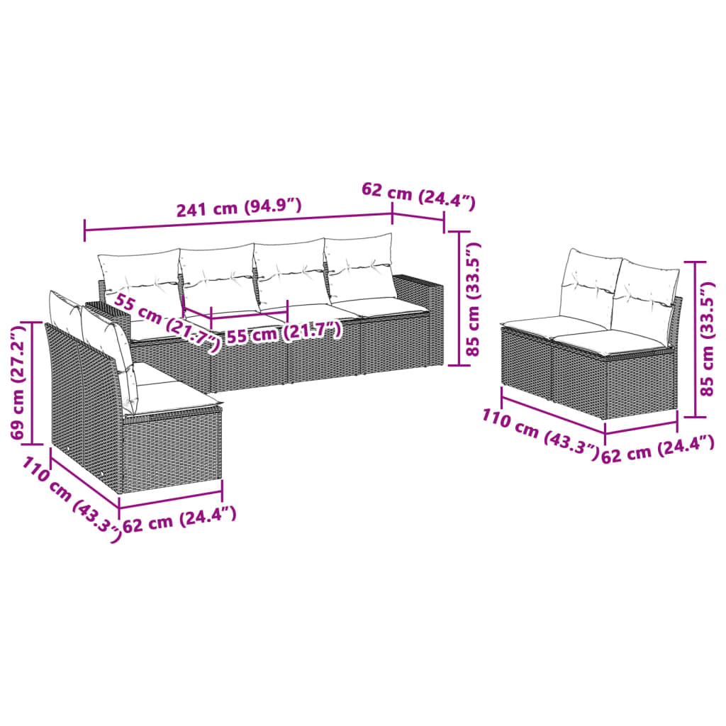 Set Divano da Giardino 8pz con Cuscini Grigio Chiaro Polyrattan