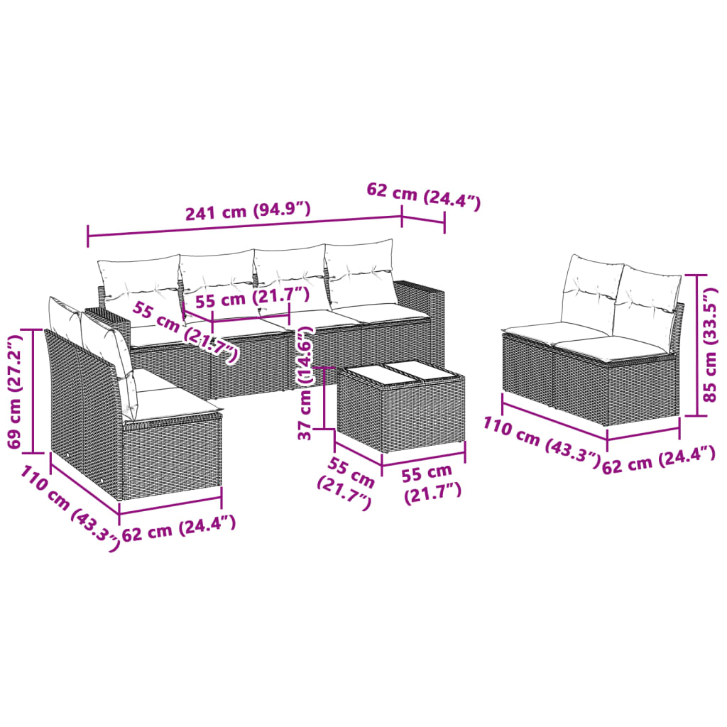 Set Divano da Giardino 9pz con Cuscini Grigio Chiaro Polyrattan