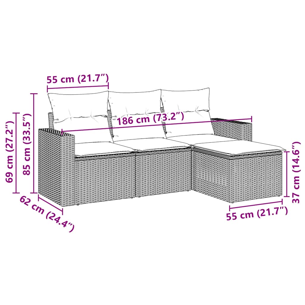 Set Divani da Giardino 4 pz con Cuscini Nero in Polyrattan