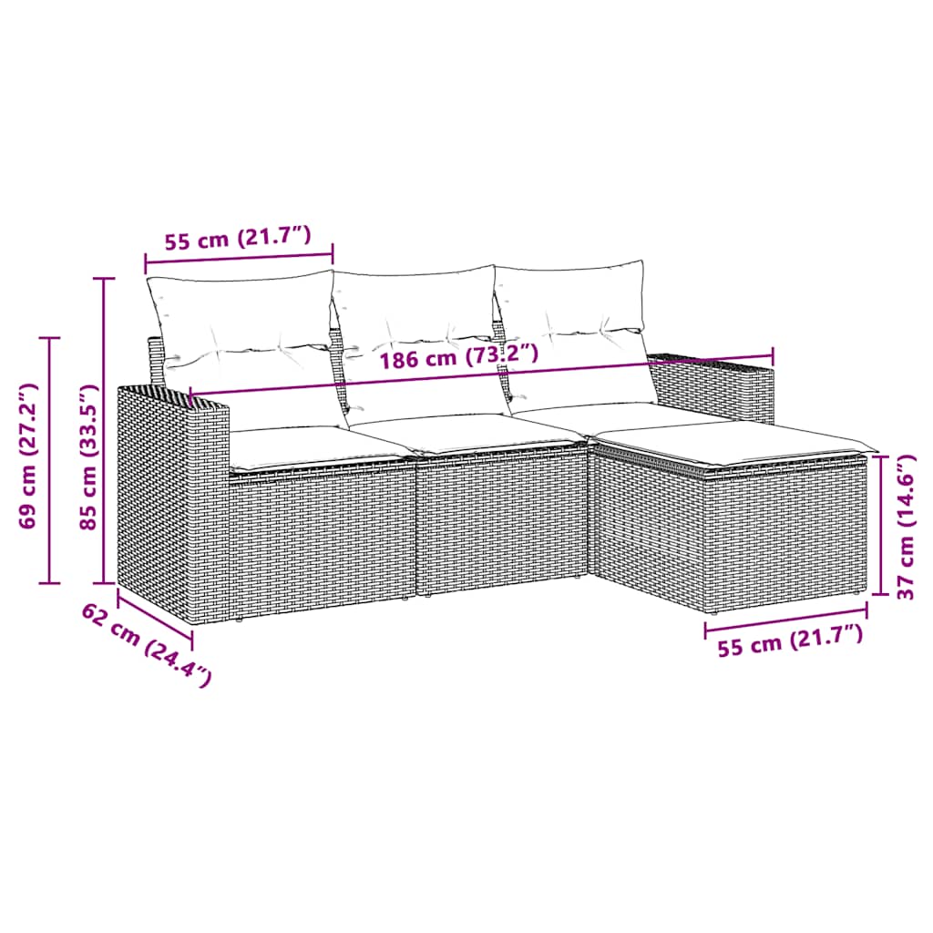 Set Divano da Giardino 4pz con Cuscini Grigio Chiaro Polyrattan | homemem39