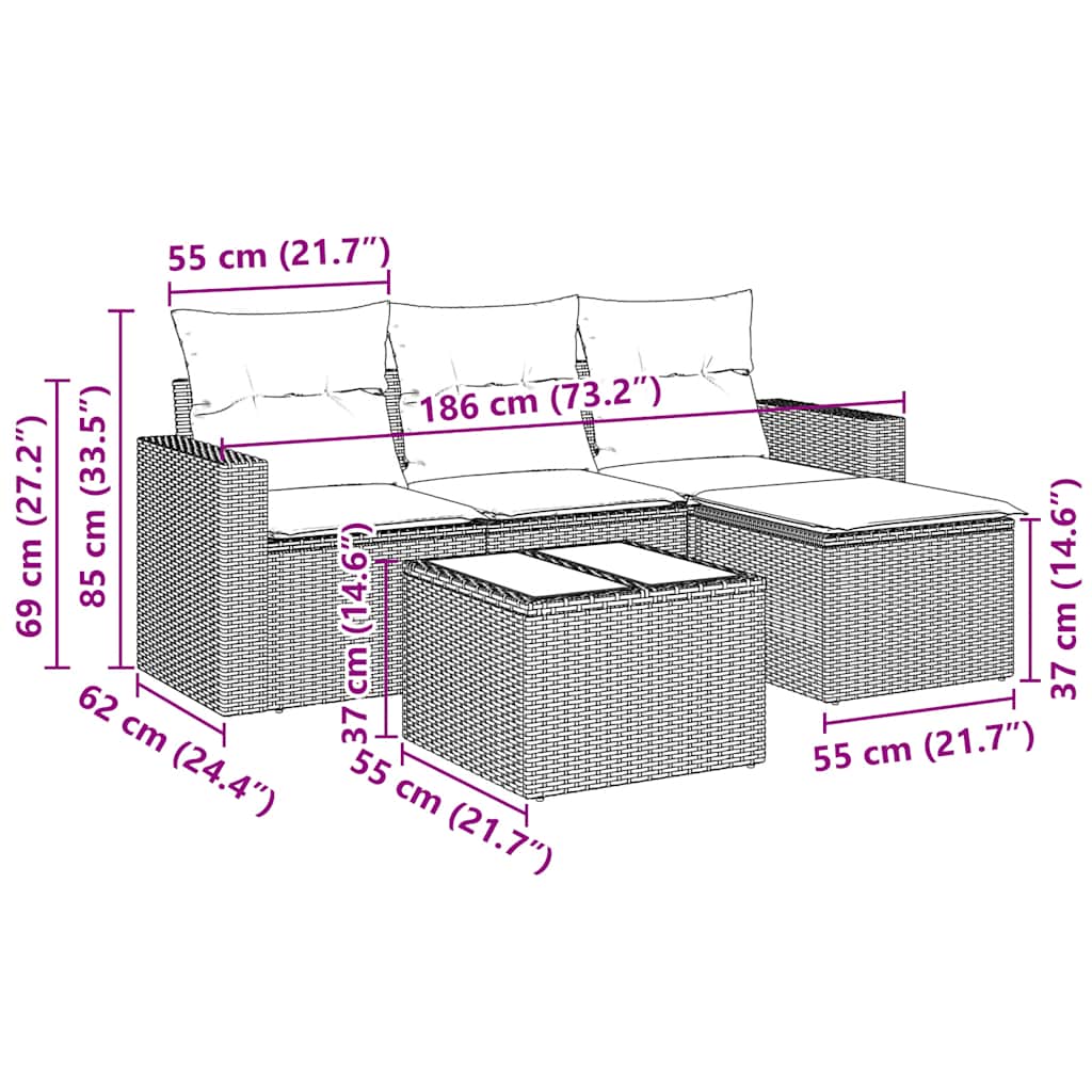 Set Divani da Giardino 5 pz con Cuscini in Polyrattan Nero