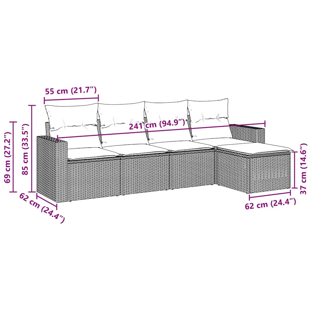 Set Divani da Giardino 5 pz con Cuscini in Polyrattan Nero