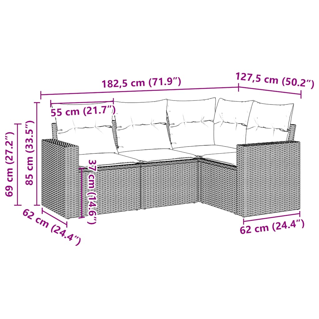 Set Divano da Giardino 4 pz con Cuscini Marrone in Polyrattan | homemem39