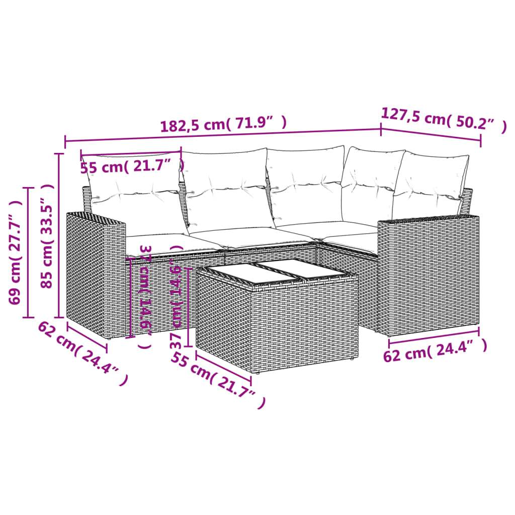 Set Divano da Giardino 5pz con Cuscini Grigio Chiaro Polyrattan | homemem39