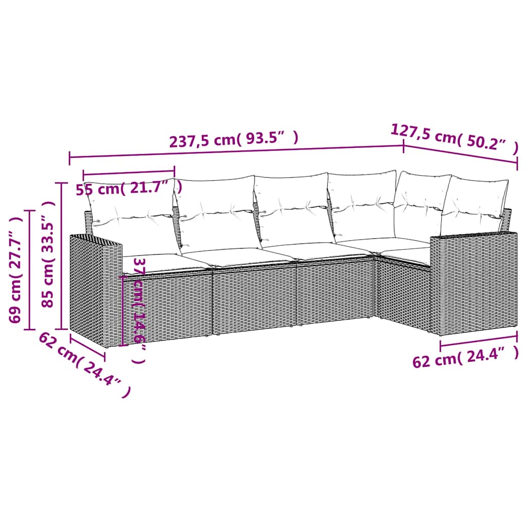 Set Divano da Giardino 5pz con Cuscini Grigio Chiaro Polyrattan | homemem39