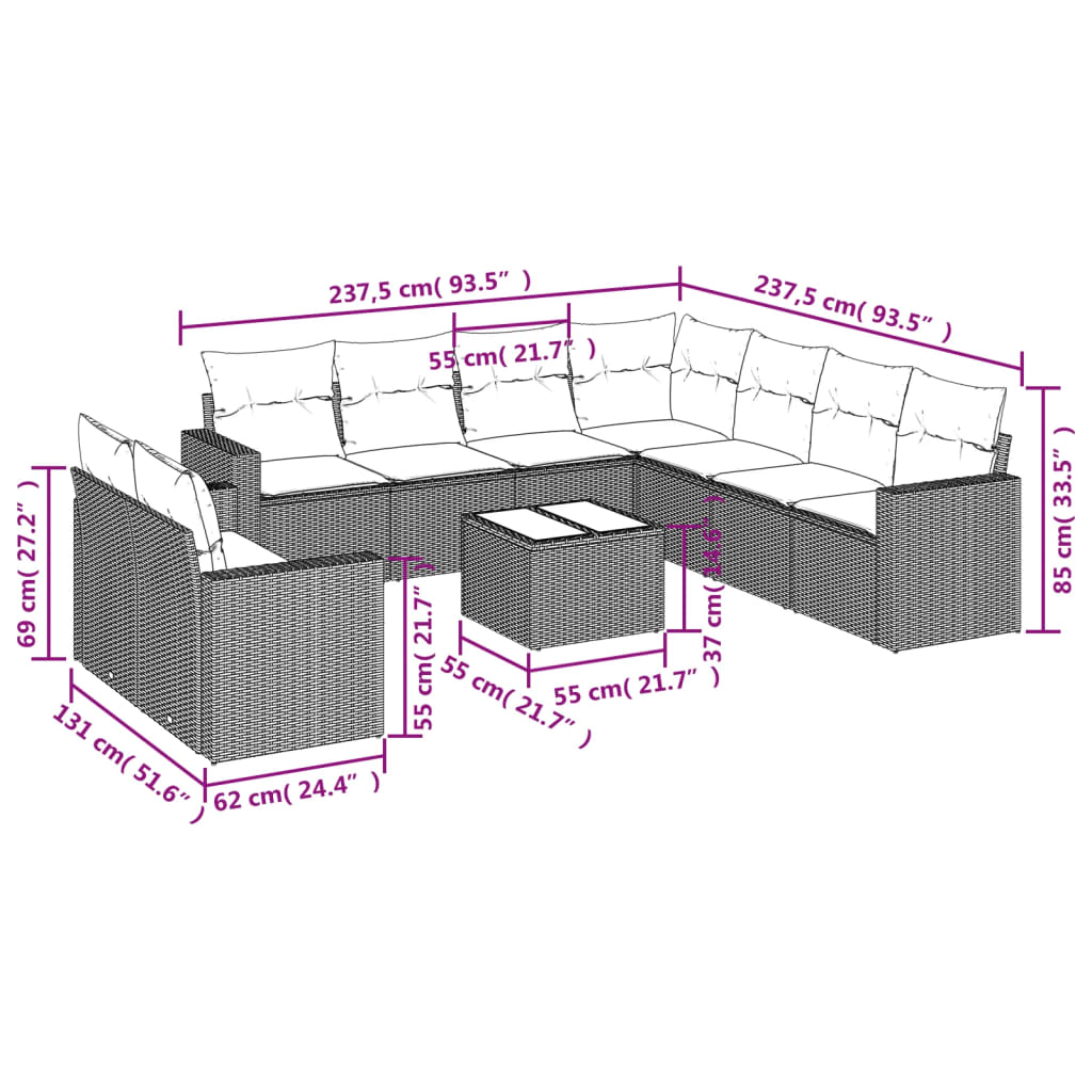 Set Divani da Giardino 10pz con Cuscini in Polyrattan Marrone | homemem39