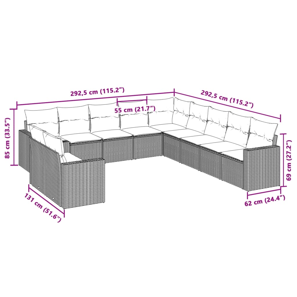 Set Divani da Giardino 11 pz con Cuscini in Polyrattan Grigio | homemem39