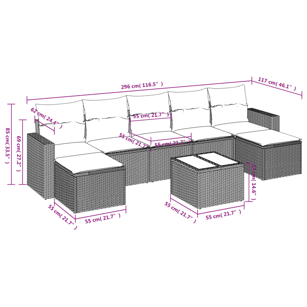 Set Divano da Giardino 8 pz con Cuscini Grigio in Polyrattan | homemem39