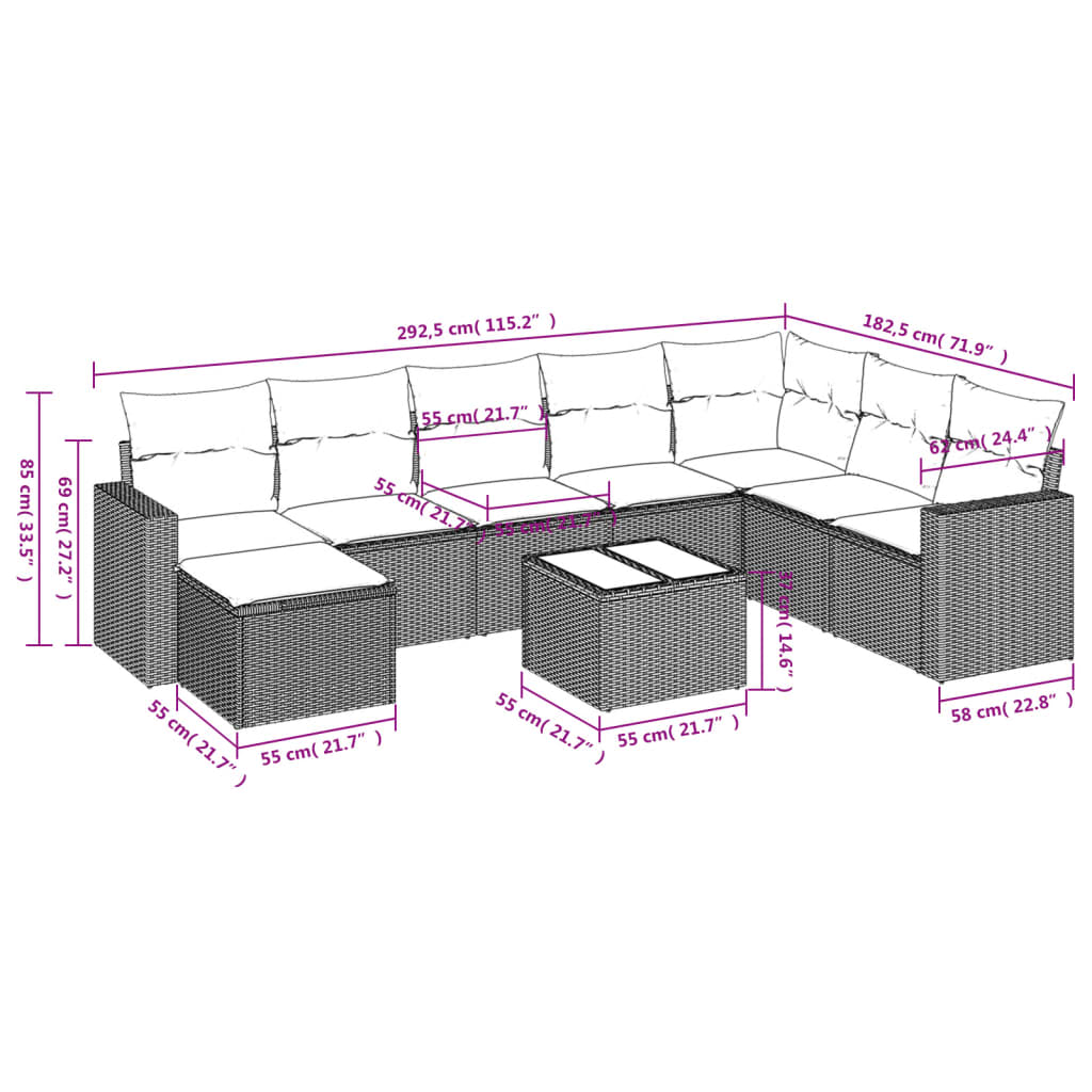 Set Divano da Giardino 9 pz con Cuscini Beige in Polyrattan | homemem39