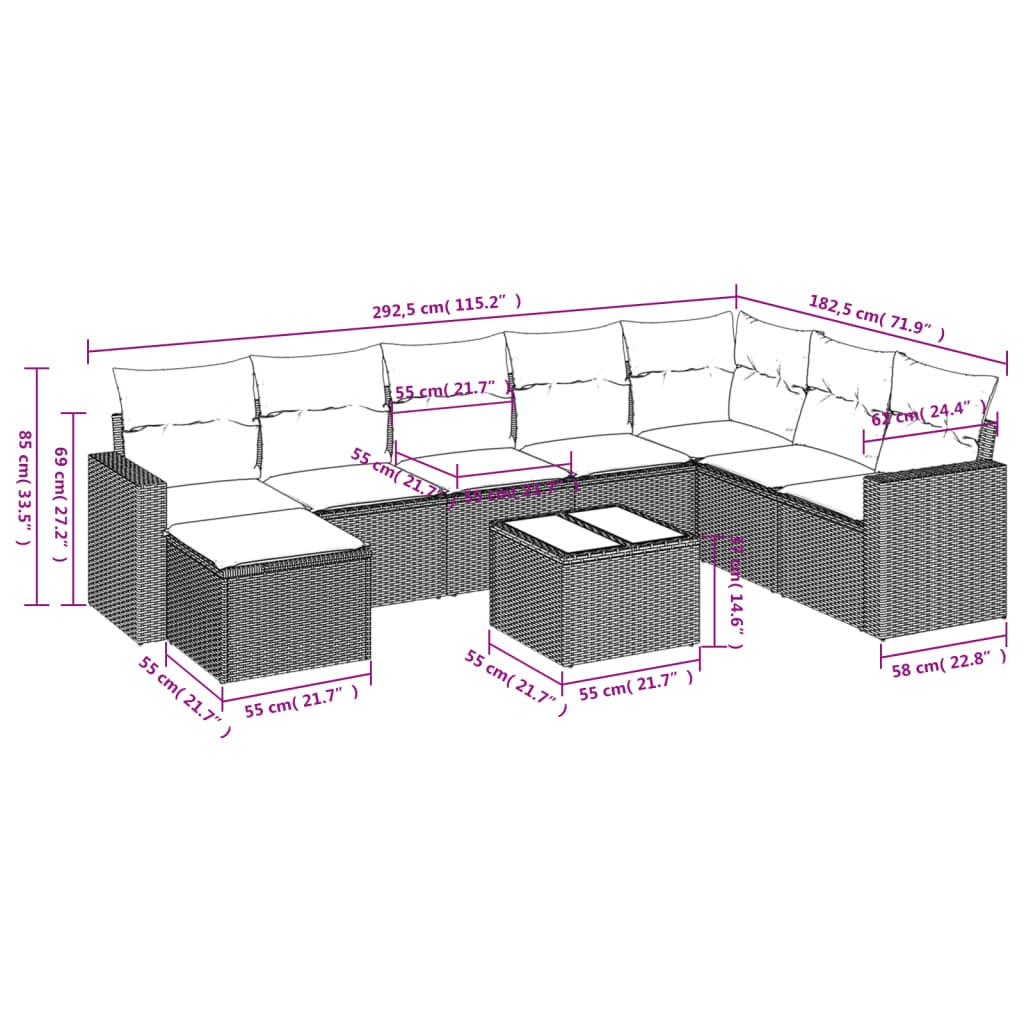 Set Divani da Giardino 9pz con Cuscini Marrone in Polyrattan | homemem39