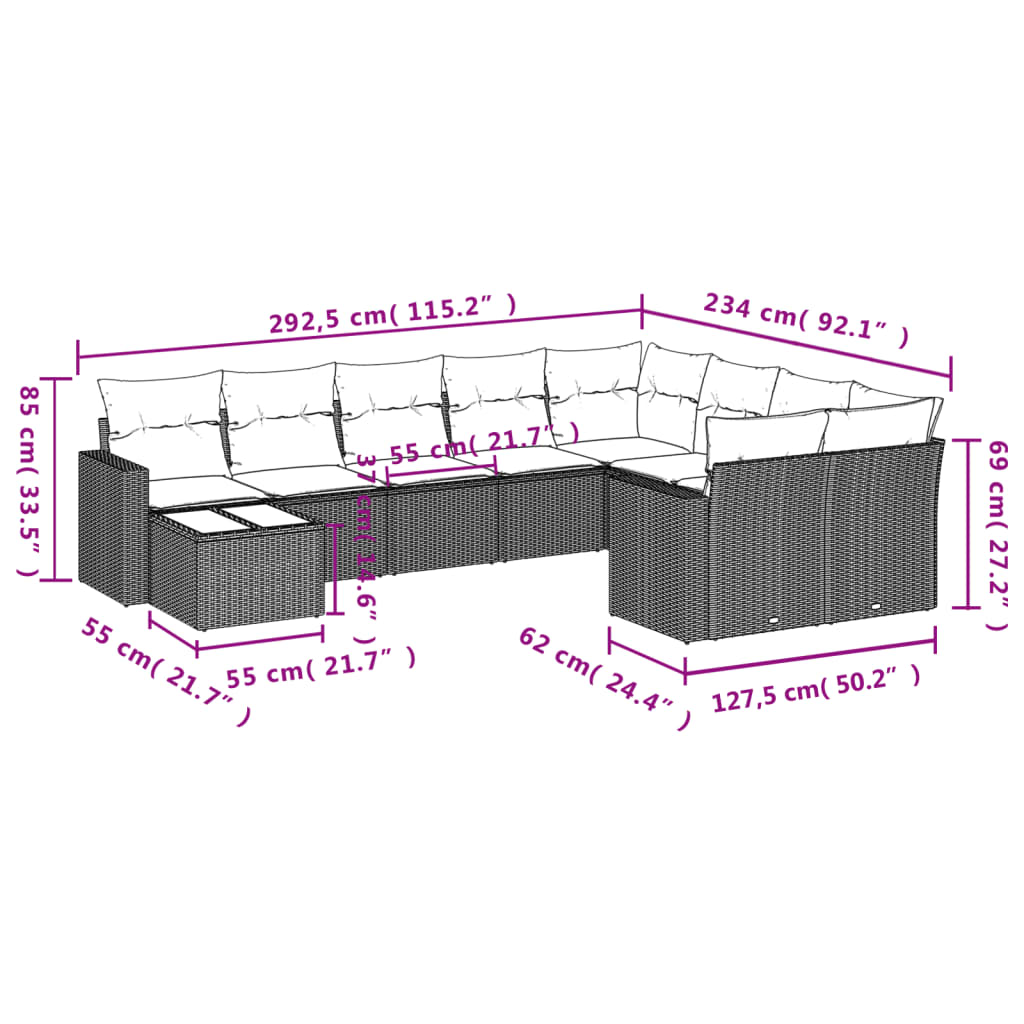 Set Divano da Giardino 10 pz con Cuscini Grigio in Polyrattan | homemem39