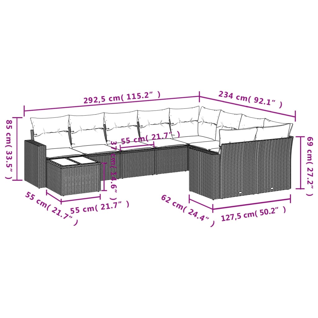 Set Divani da Giardino 10pz con Cuscini in Polyrattan Marrone | homemem39