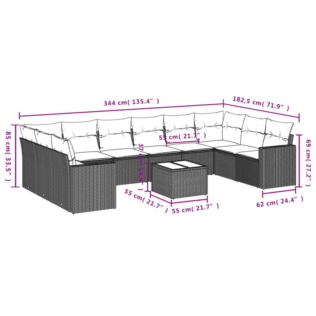 Set Divani da Giardino 11 pz con Cuscini in Polyrattan Nero | homemem39