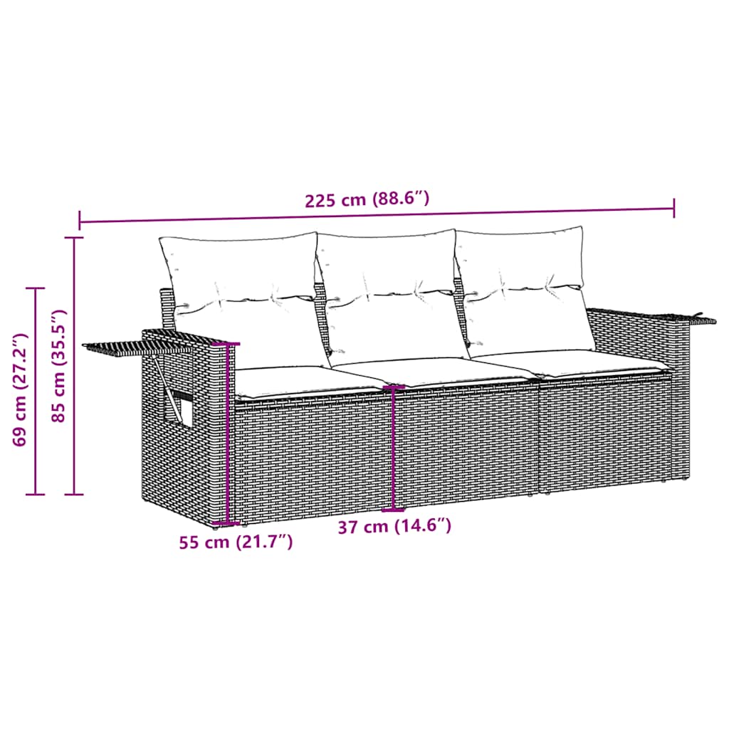 Set Divani da Giardino 3 pz con Cuscini in Polyrattan Nero