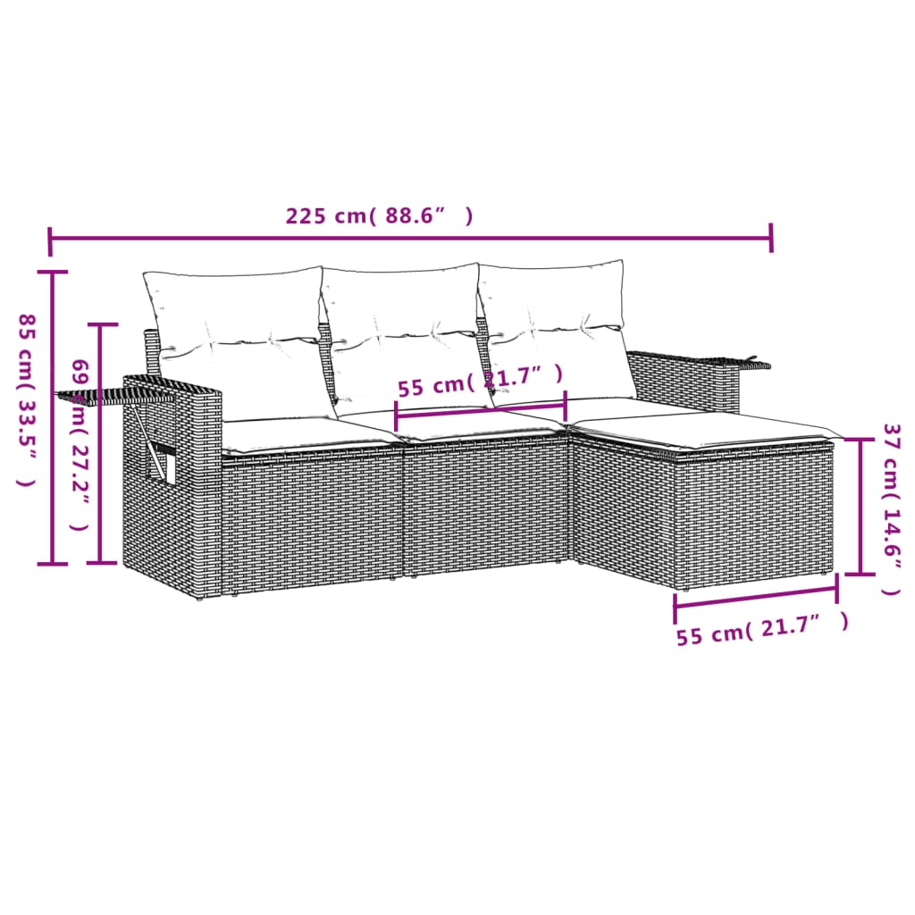 Set Divano da Giardino 4 pz con Cuscini Marrone in Polyrattan