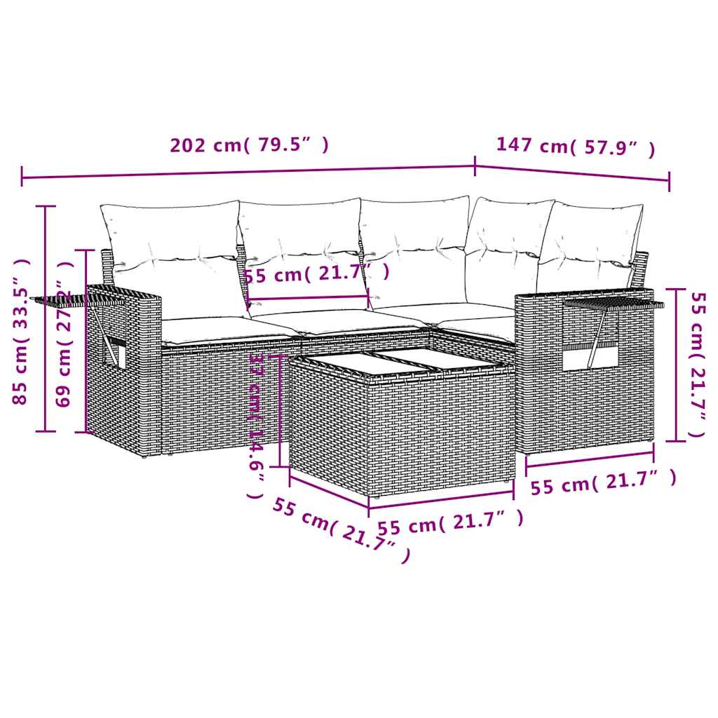 Set Divani da Giardino 5 pz con Cuscini in Polyrattan Nero