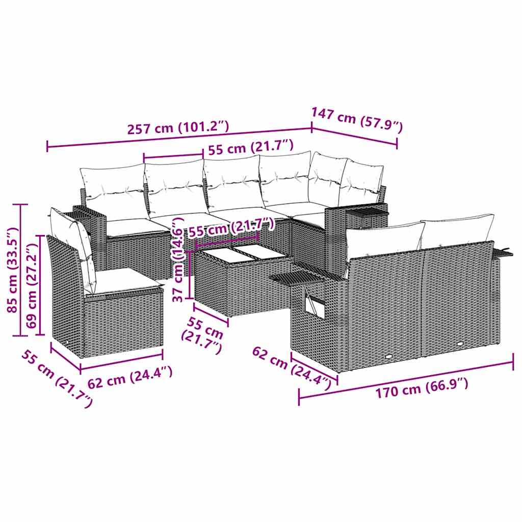 Set Divani da Giardino 9 pz con Cuscini Nero in Polyrattan | homemem39