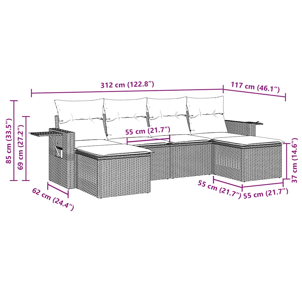 Set Divano da Giardino 6 pz con Cuscini Nero in Polyrattan | homemem39