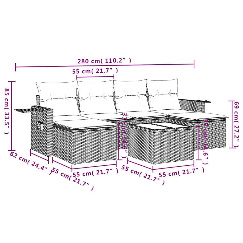 Set Divani da Giardino con Cuscini 7pz Nero Polyrattan