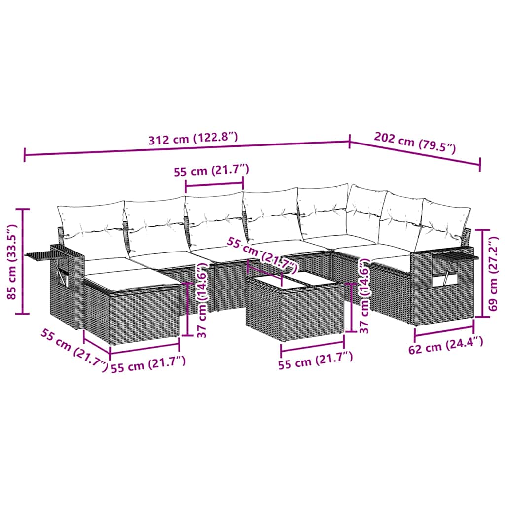 Set Divani da Giardino 9 pz con Cuscini Nero in Polyrattan | homemem39